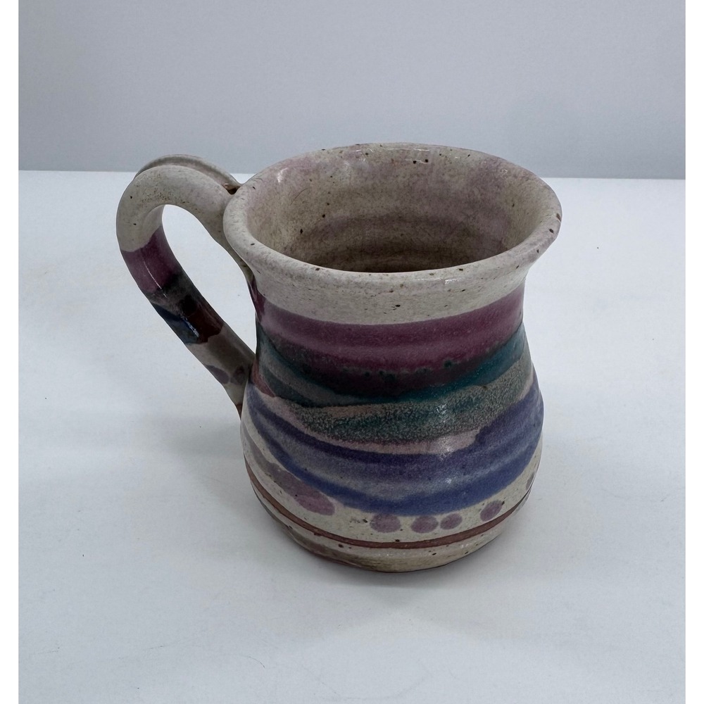 Studio Pottery Mug Multicolor Hand Painted Multi Color Artisan Stoneware Signed